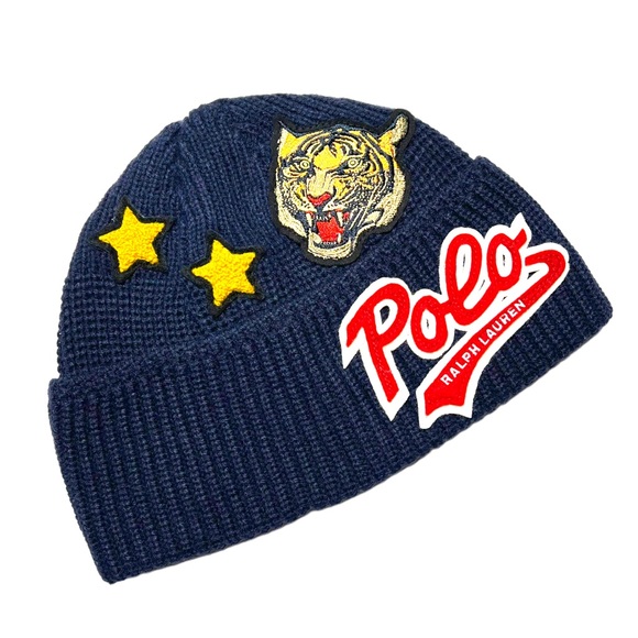 POLO RALPH LAUREN Tiger Varsity Patch Beanie Hat Blue - Picture 4 of 13